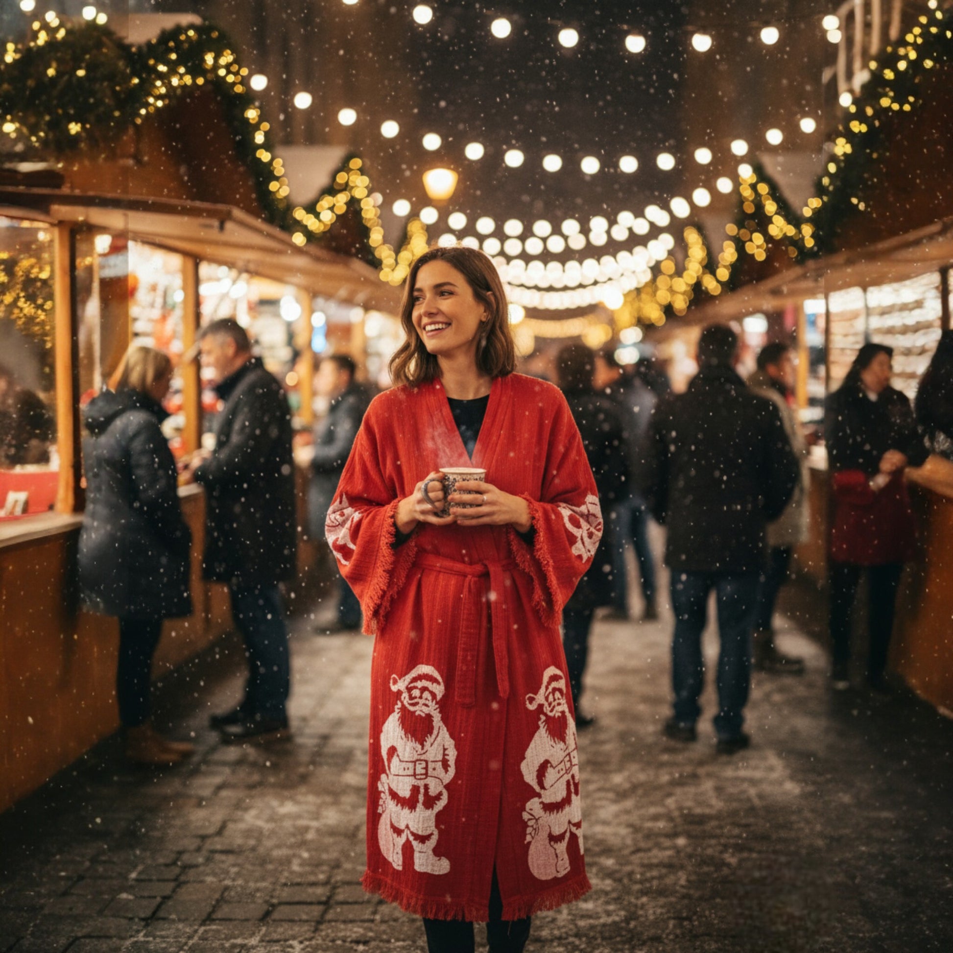 Woman in a Christmas Design Kimono Robe - Hand Made & Hand Print with Santa Claus patterns standing in a festive market setting.