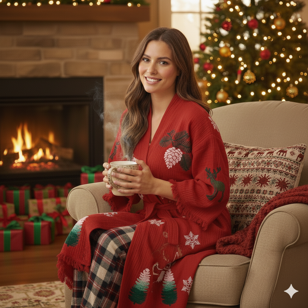 Christmas Design Kimono Robe - Hand Made & Hand Print