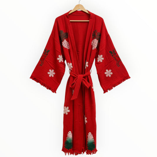 Christmas Design Kimono Robe - Hand Made & Hand Print