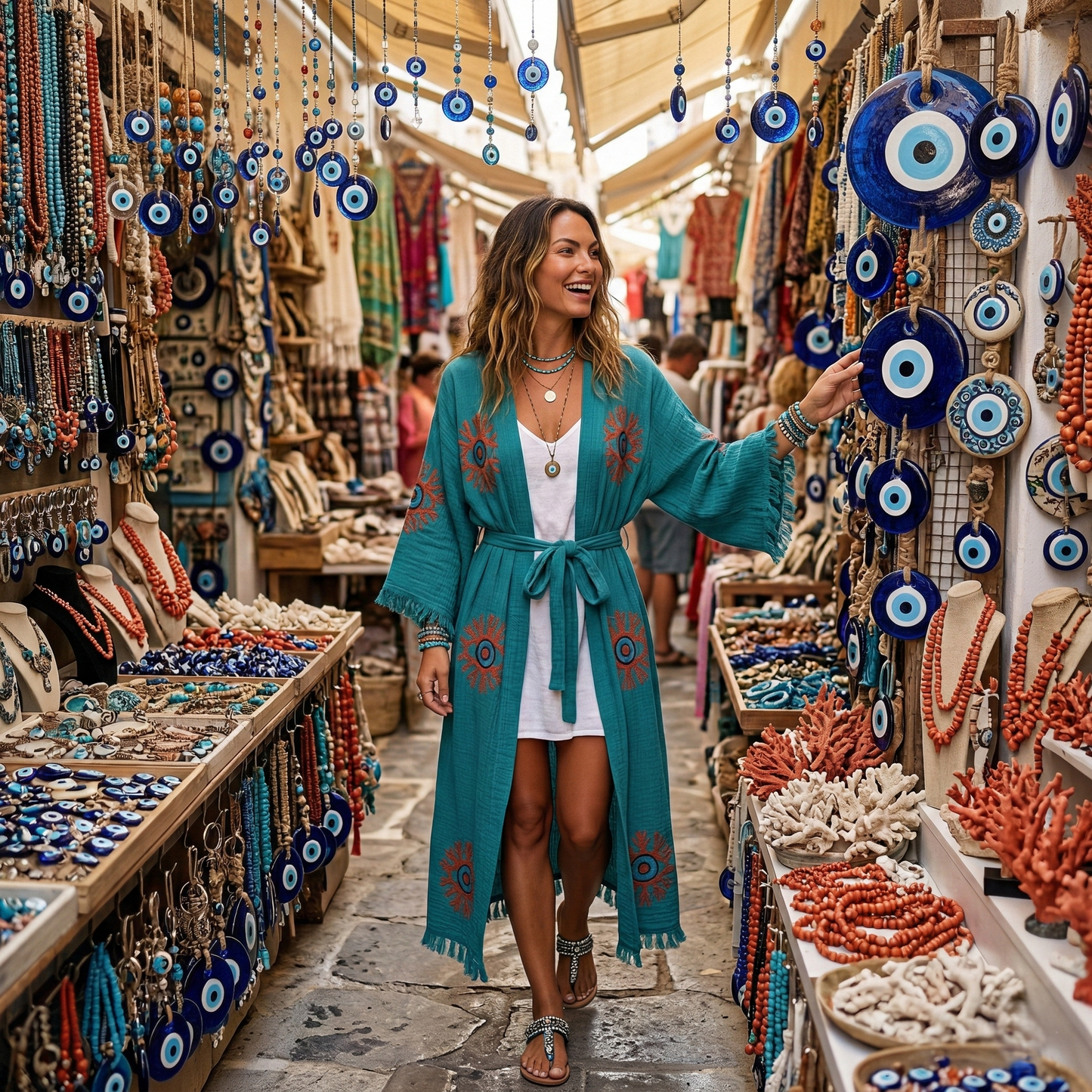 Coral & Evil Eye Kimono Robe