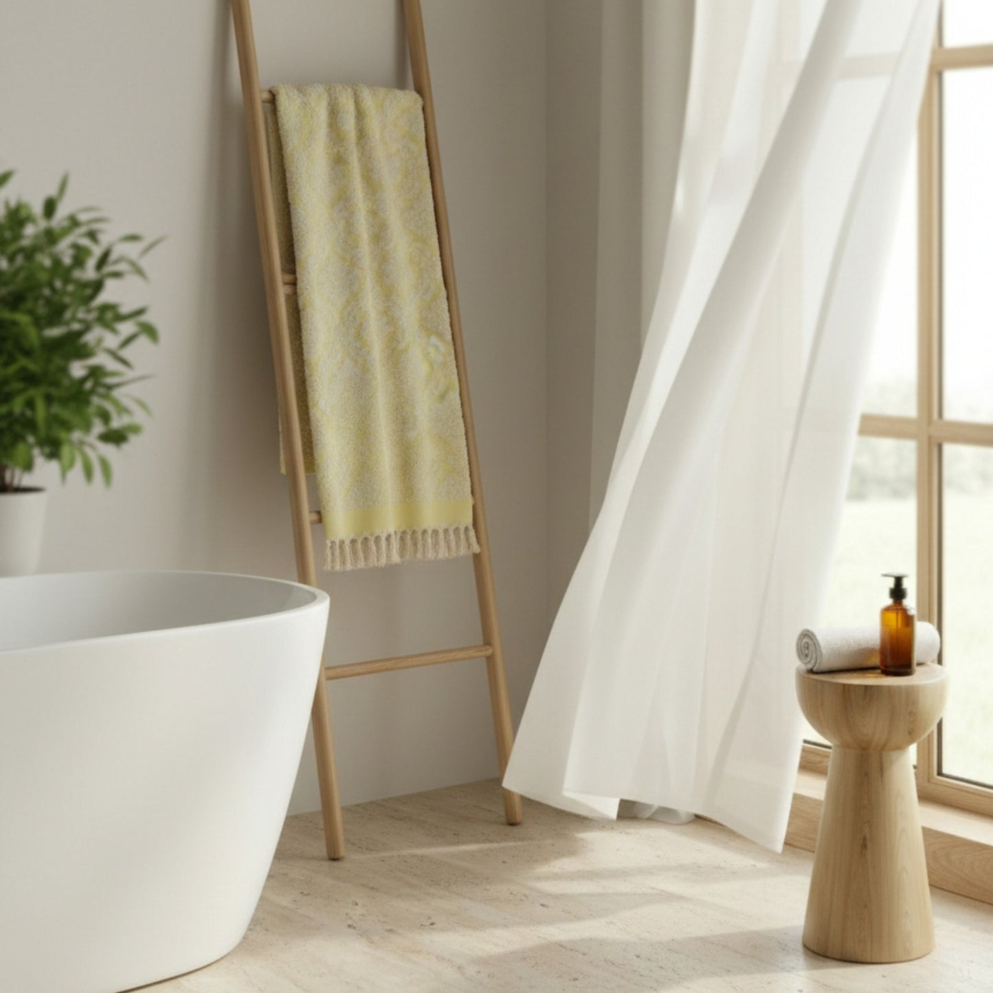 Bathroom interior with a bathtub, towel rack, and Damascus Design Natural Cotton Turkish Terry Bath Towel
