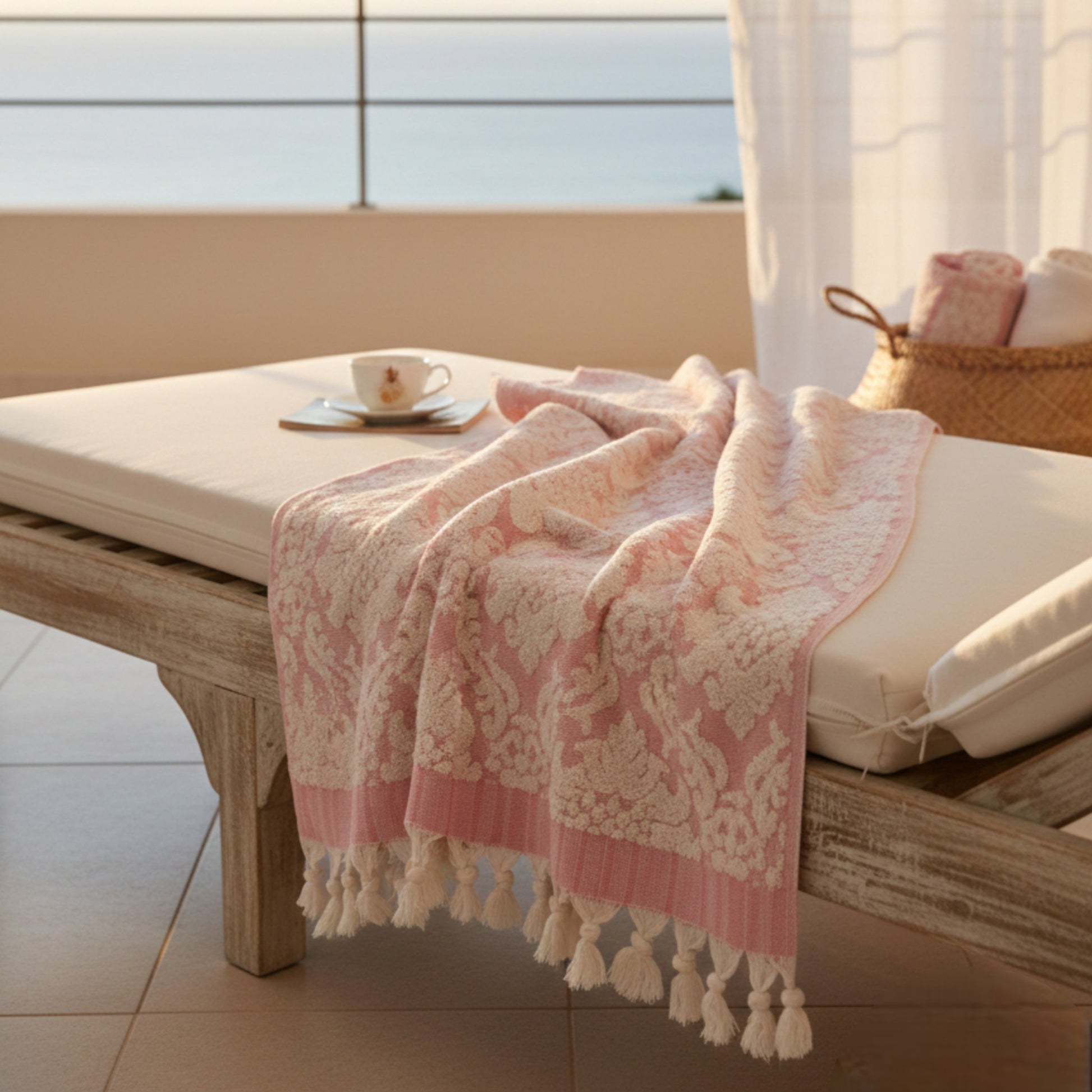 Pink and white Damascus Design Natural Cotton Turkish Terry Bath Towel draped over a wooden bench on a balcony with a view of the ocean.