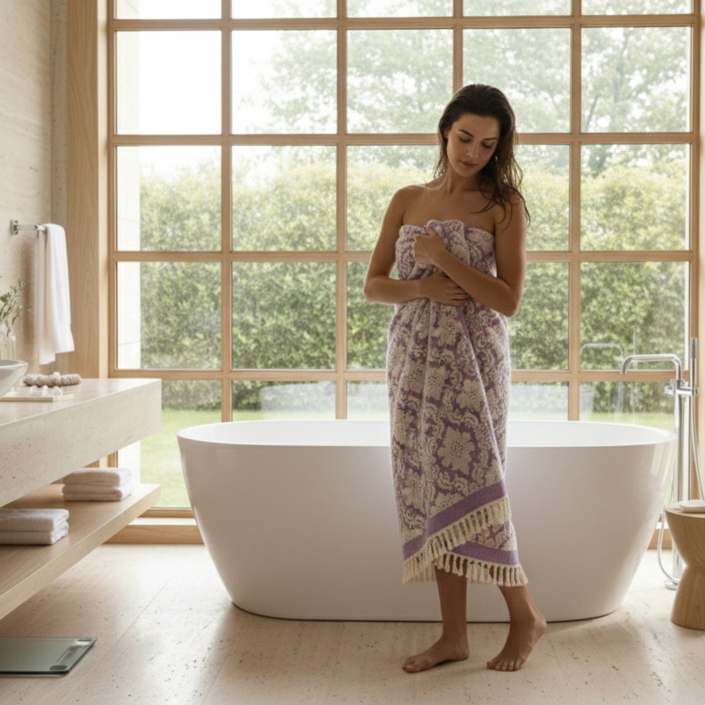 Woman wrapped in a patterned Damascus Design Natural Cotton Turkish Terry Bath Towel standing in a modern bathroom with large windows.
