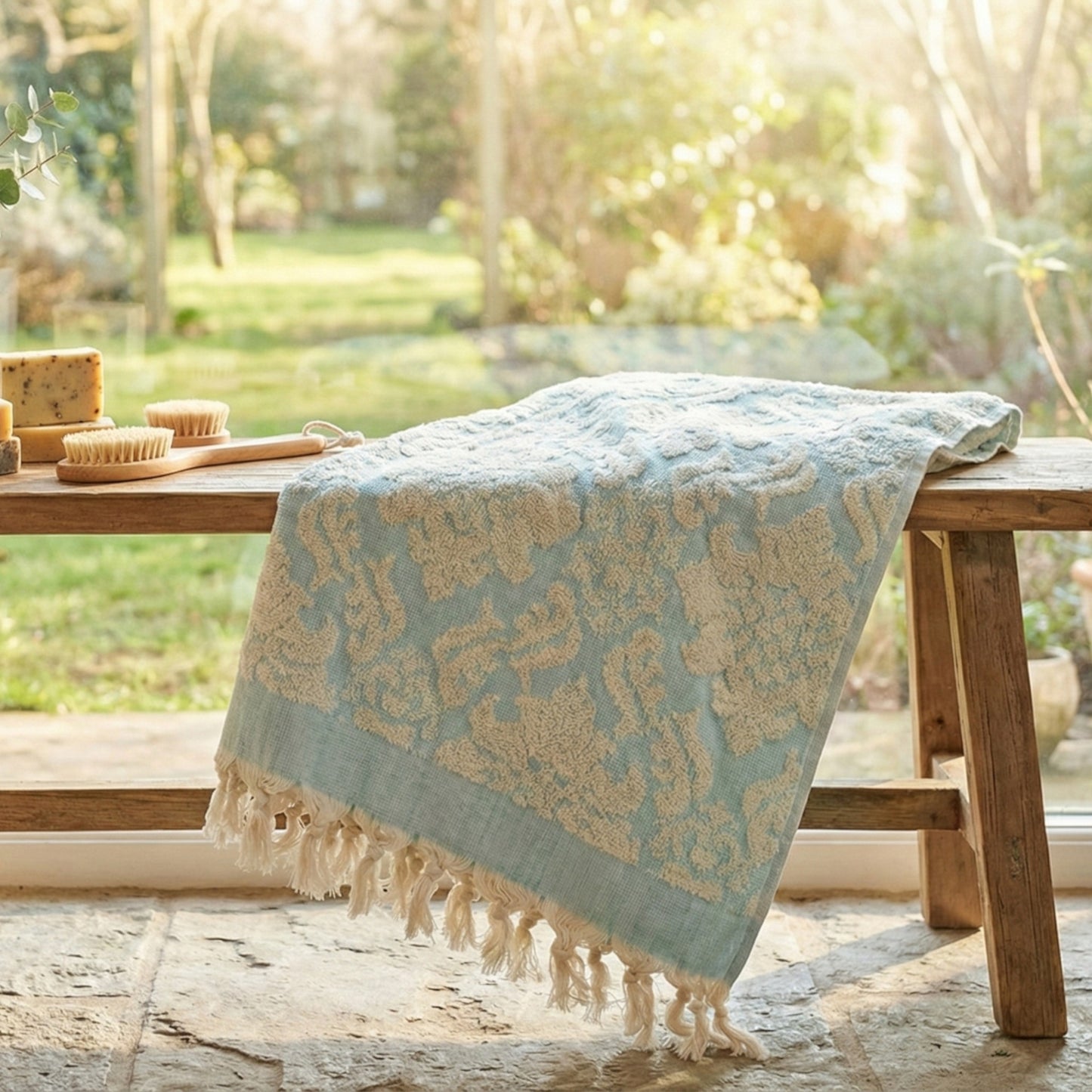 Decorative Damascus Design Natural Cotton Turkish Terry Bath Towel with tassels on a wooden table in a garden setting