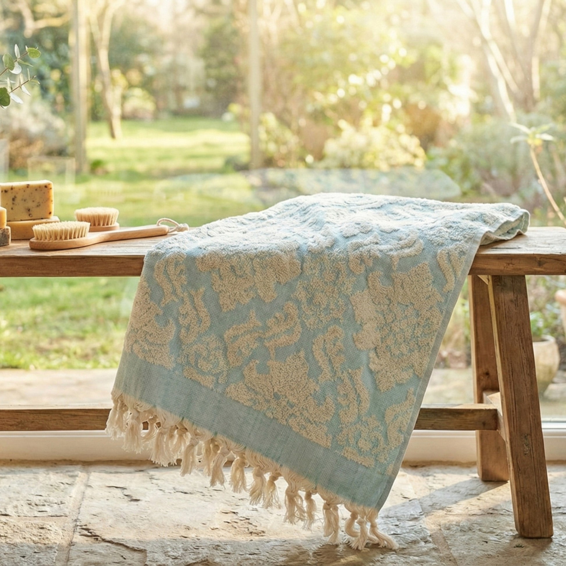 Decorative Damascus Design Natural Cotton Turkish Terry Bath Towel with tassels on a wooden table in a garden setting