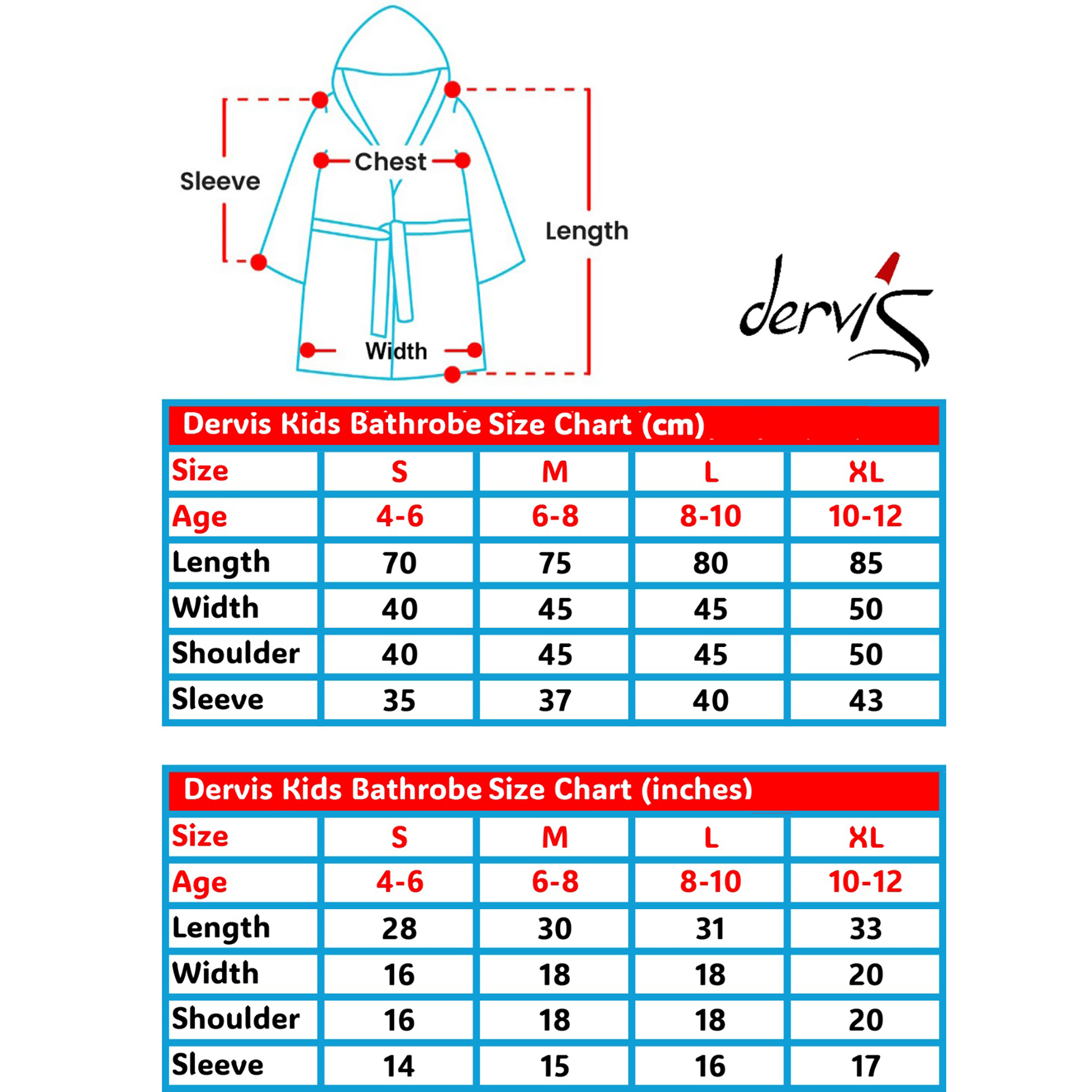 Dervis Kids Bathrobe Size Chart with measurements in centimeters and inches