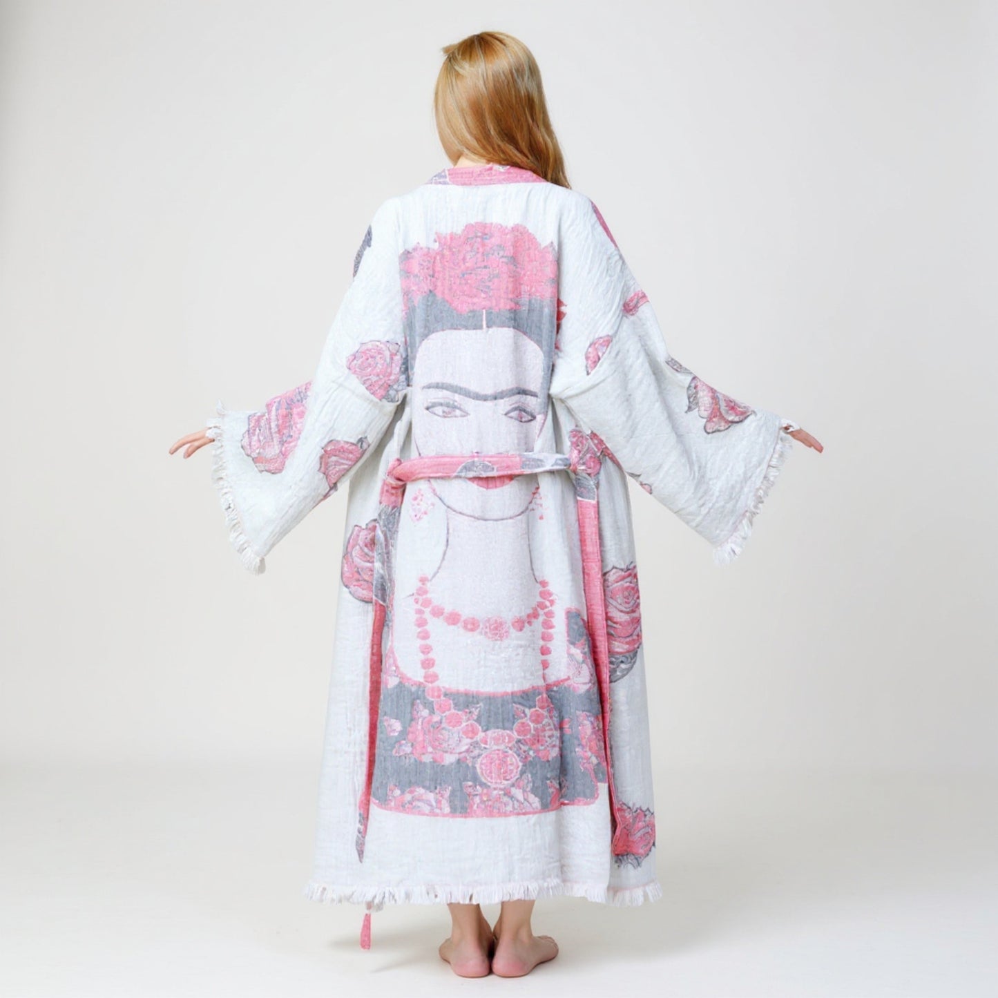 Frida Design Turkish Towel Kimono Robe by Derviş Textiles – handwoven natural cotton, artisan block print, sustainable unisex kimono robe