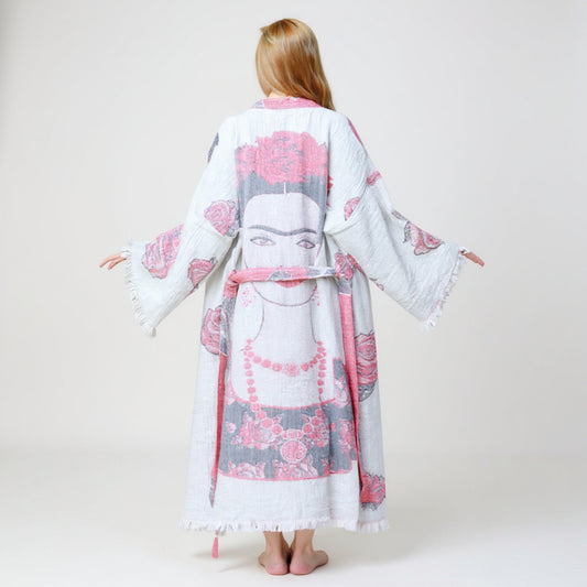 Frida Design Turkish Towel Kimono Robe by Derviş Textiles – handwoven natural cotton, artisan block print, sustainable unisex kimono robe