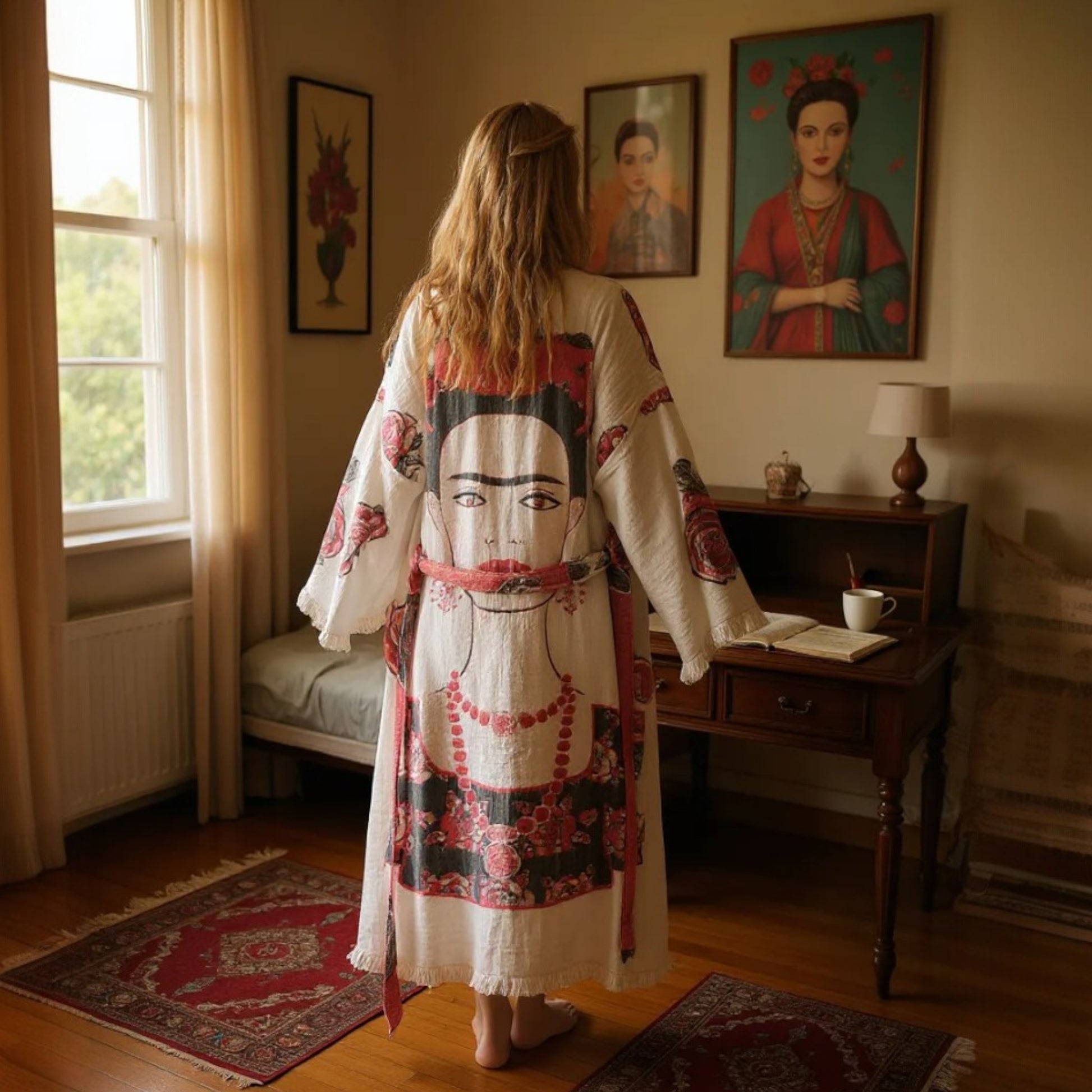Woman in a Frida patterned robe standing in a room with Frida artwork on the walls.
