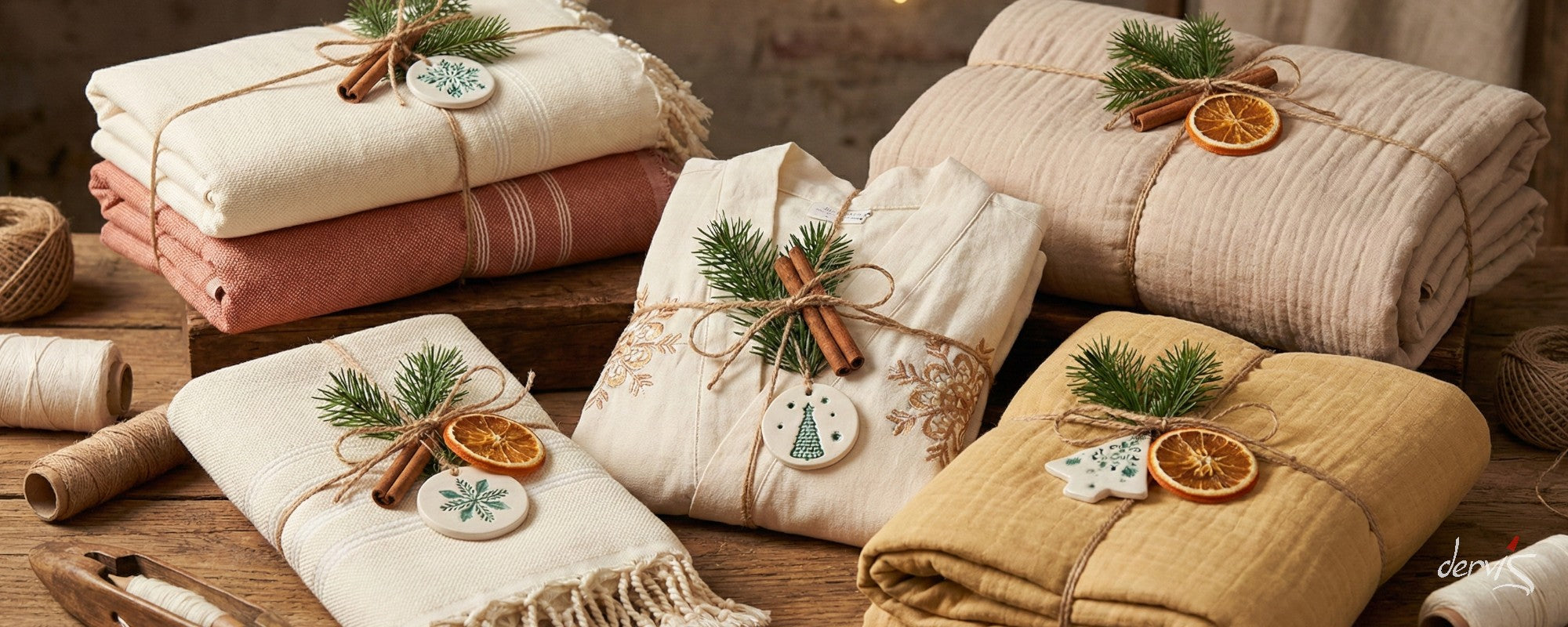 Folded hadn woven hand made Turkish Cotton blankets and towels with decorative elements on a wooden  surface made by Dervis Natural Textile