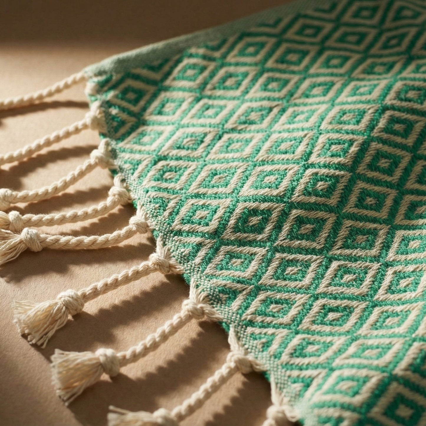 Green textured Diamond Design Turkish Hand Towel  Handwoven Natural Cotton Sustainable Anatolian Craft with white tassels on a brown surface