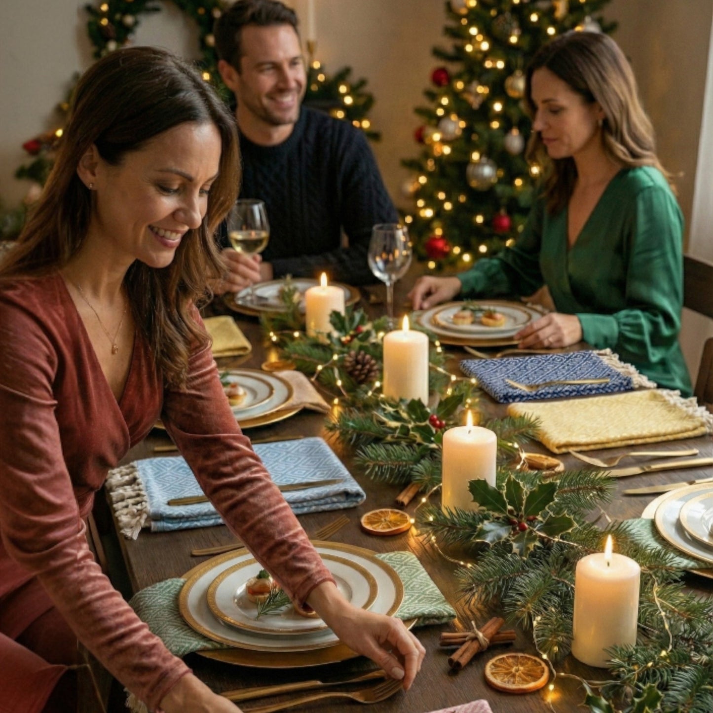 People enjoying a festive dinner with Christmas decorations Diamond Design Turkish Hand Towel  Handwoven Natural Cotton Sustainable Anatolian Craft