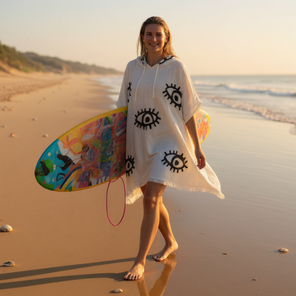 A person wearing a unisex, one-size-fits-all Turkish towel surf poncho. The poncho is hand-woven from natural ecru cotton and features intricate, hand-printed black Evil Eye patterns, printed in natural dyes. The poncho is versatile, used as a cover-up or a dress.