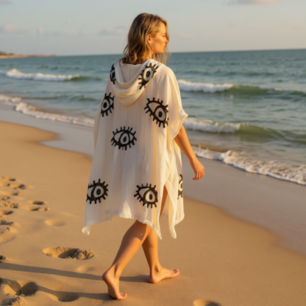 A person wearing a unisex, one-size-fits-all Turkish towel surf poncho. The poncho is hand-woven from natural ecru cotton and features intricate, hand-printed black Evil Eye patterns, printed in natural dyes. The poncho is versatile, used as a cover-up or a dress.