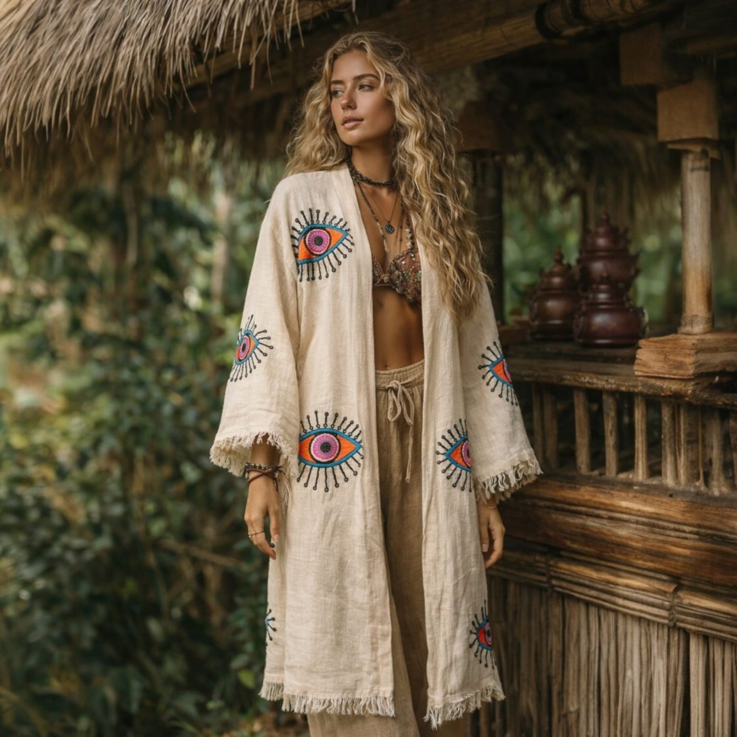 Evil Eye Handwoven Muslin Kimono Robe