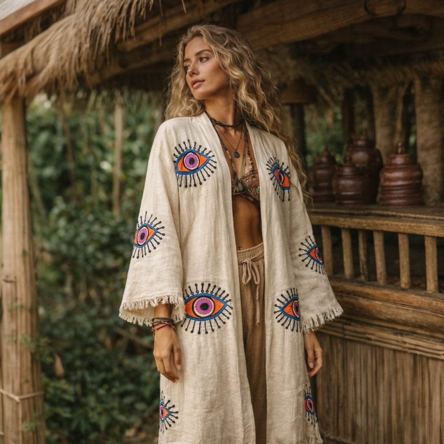 Evil Eye Handwoven Muslin Kimono Robe