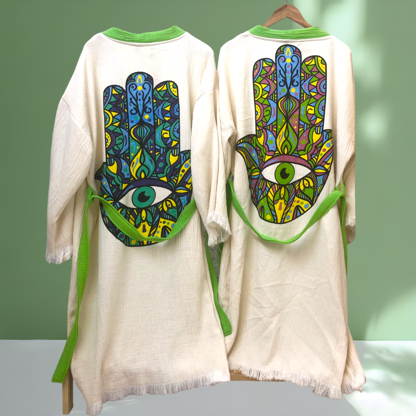 Fatima Hand Kimono Kaftan Robe - Handmade with Natural Cotton, One Size