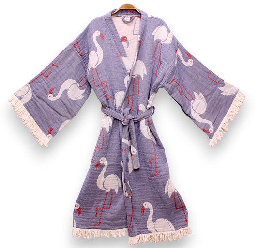 Flamingo Design Three Layers Muslin Turkish Towel Kimono Robe