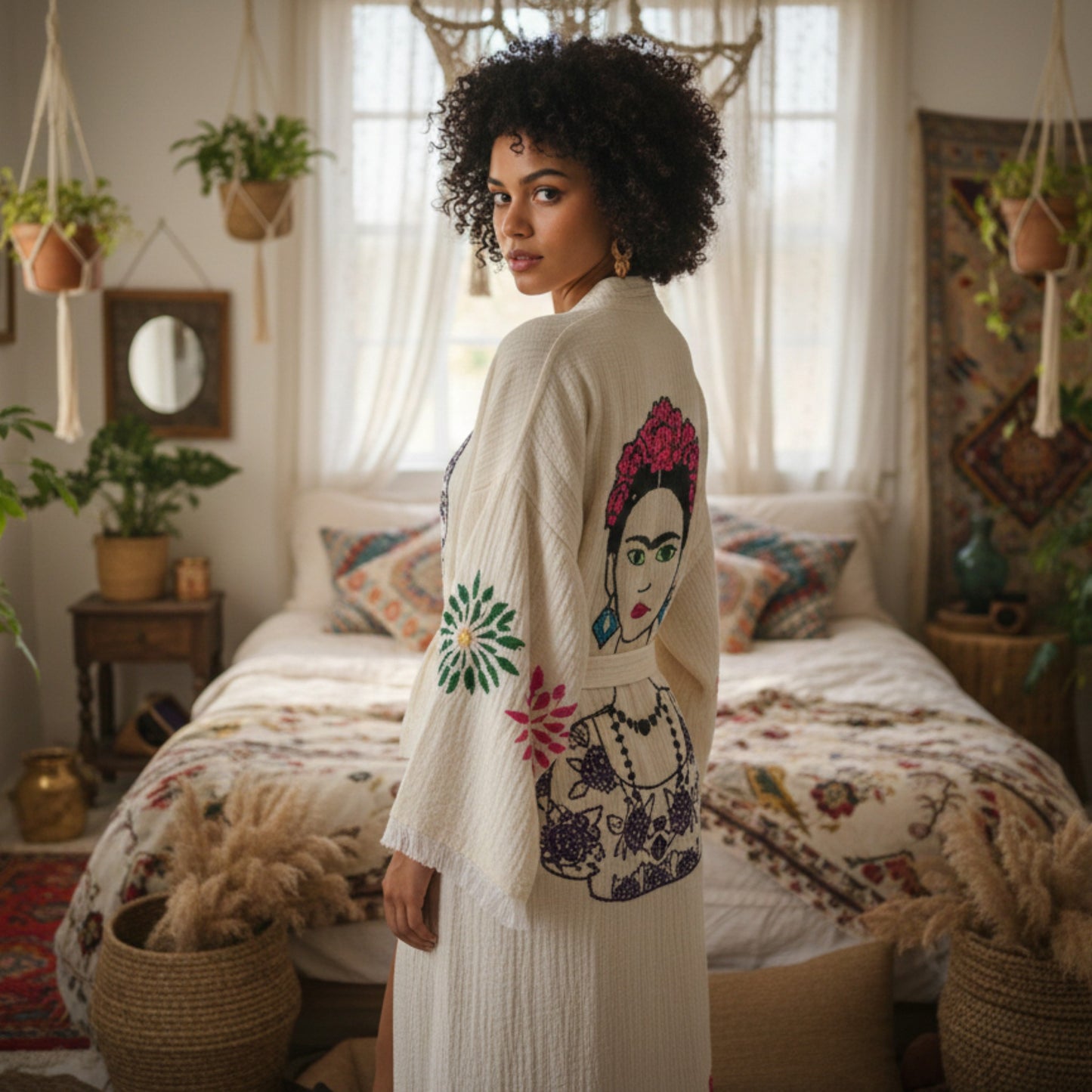 Frida Bloom Hand-Printed Muslin Kimono Robe