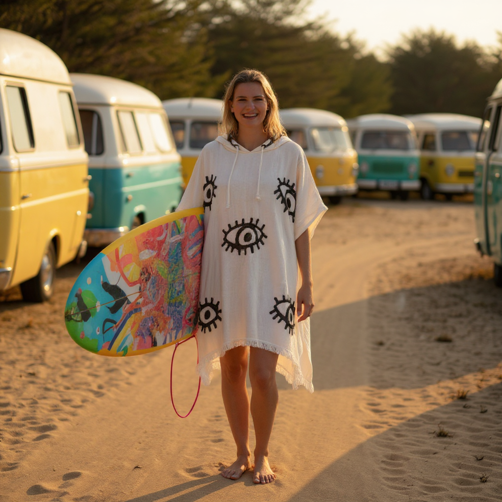 A person wearing a unisex, one-size-fits-all Turkish towel surf poncho. The poncho is hand-woven from natural ecru cotton and features intricate, hand-printed black Evil Eye patterns, printed in natural dyes. The poncho is versatile, used as a cover-up or a dress.