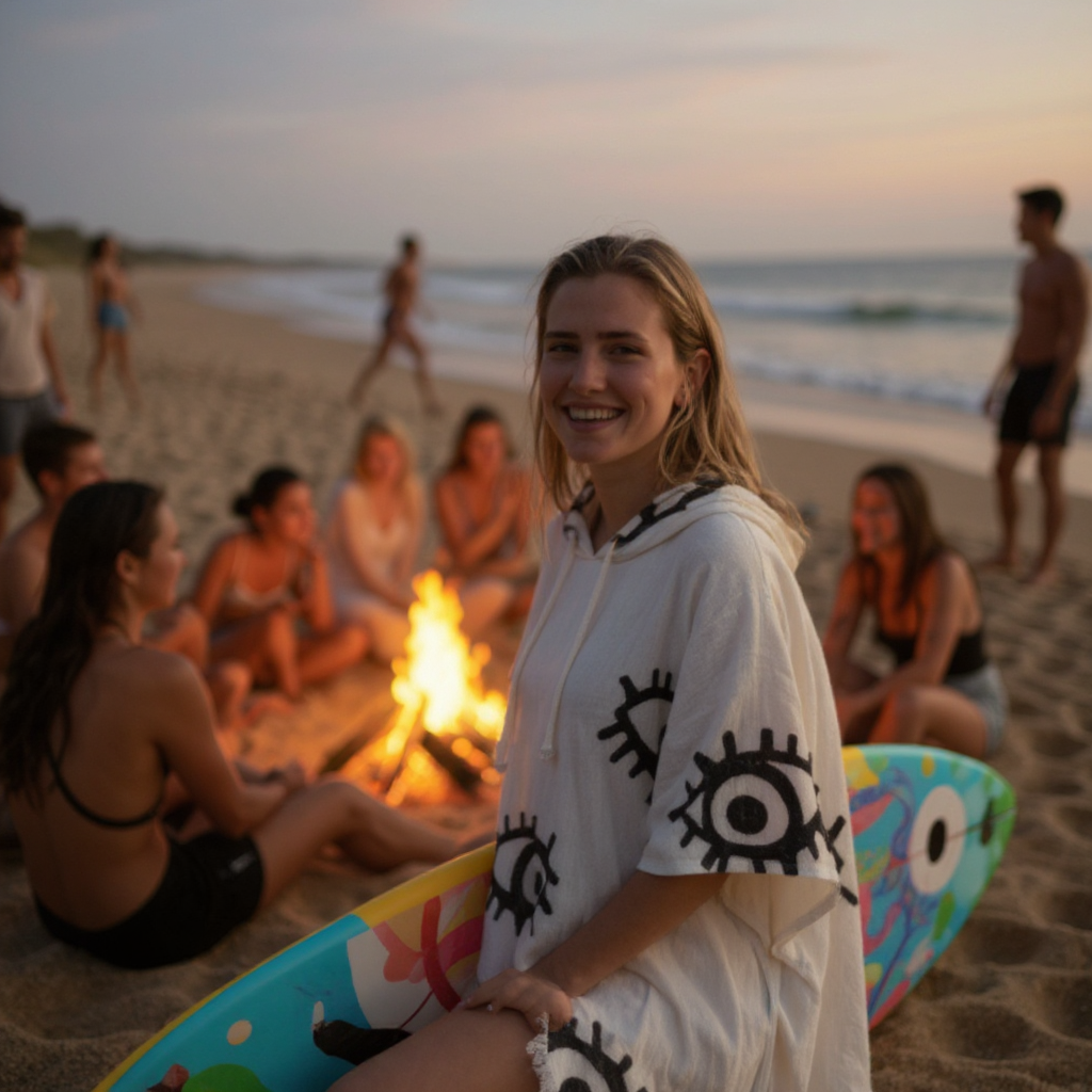 A person wearing a unisex, one-size-fits-all Turkish towel surf poncho. The poncho is hand-woven from natural ecru cotton and features intricate, hand-printed black Evil Eye patterns, printed in natural dyes. The poncho is versatile, used as a cover-up or a dress.