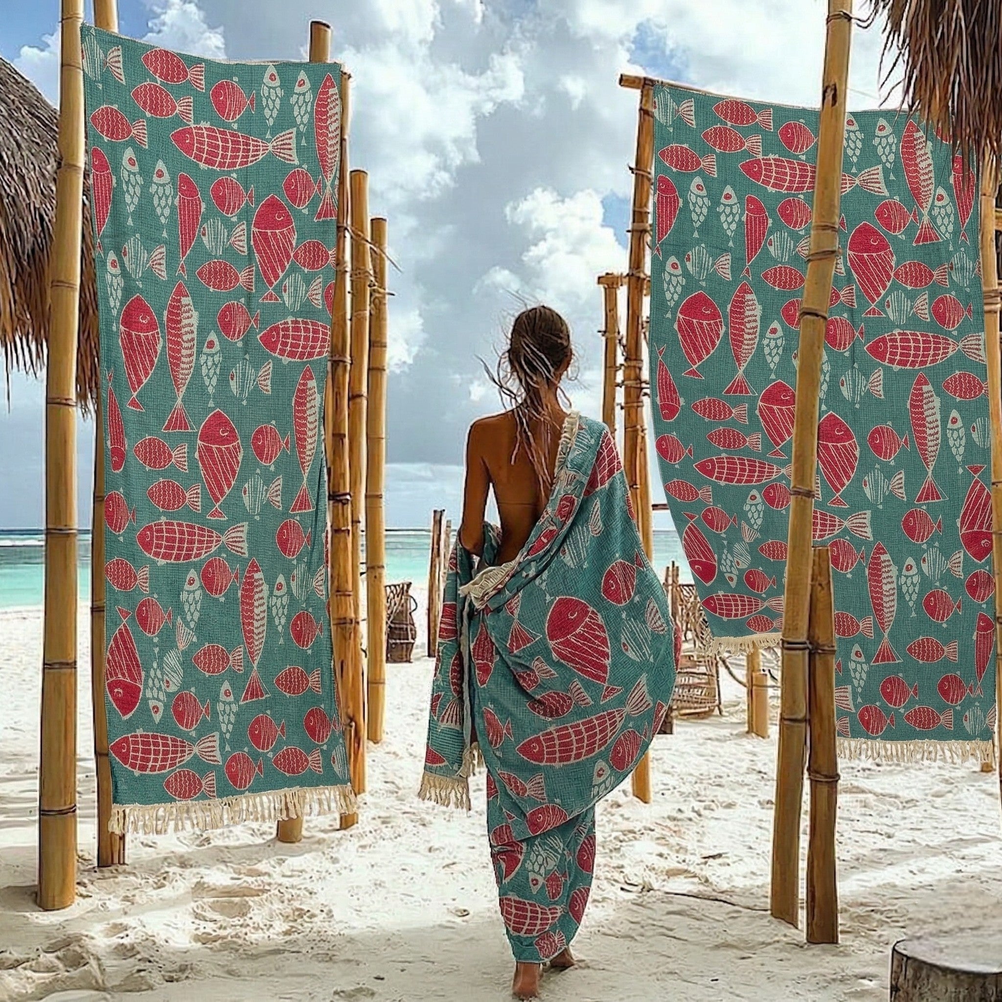 Fish Pattern Jacquard Turkish Towel | 3-Layer Muslin Beach Towel