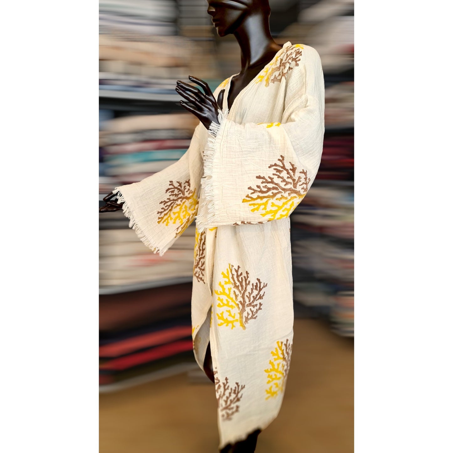 Hand-Made Block Print Coral Turkish Towel Kimono Robe Kaftan