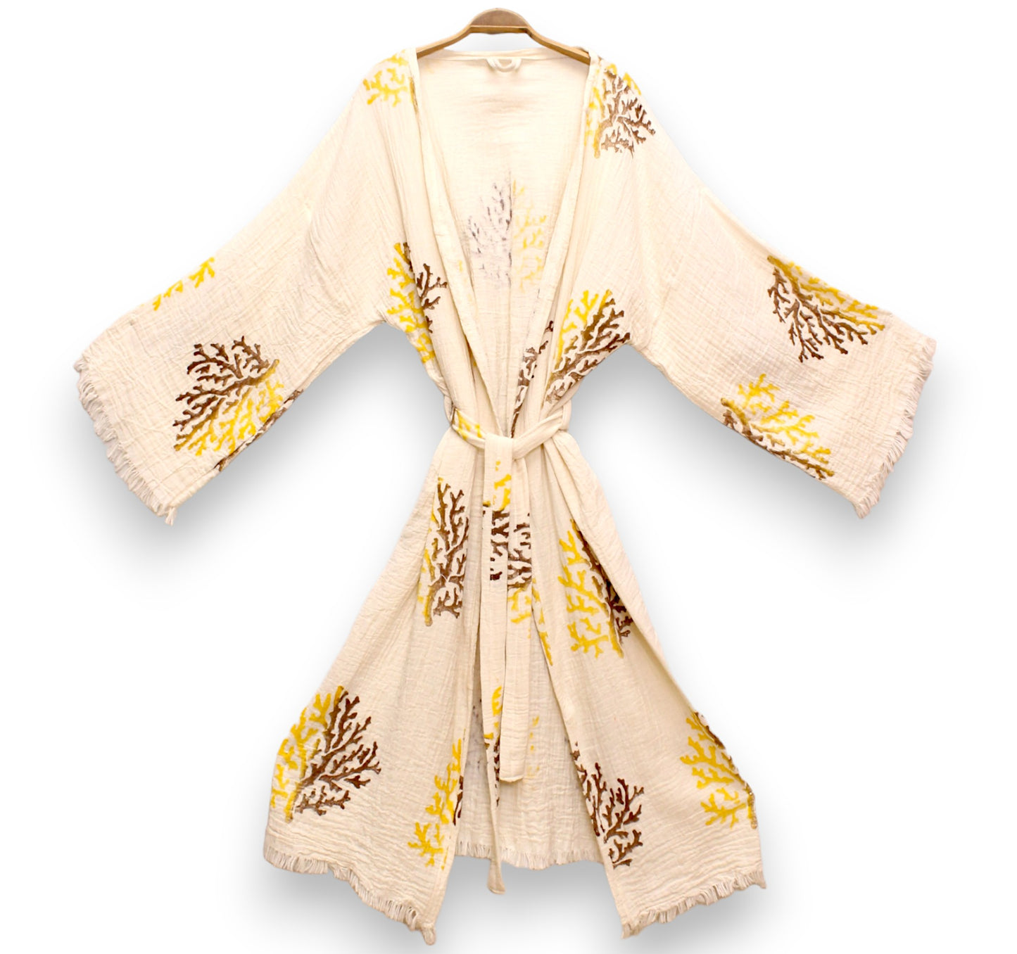 Hand-Made Block Print Coral Turkish Towel Kimono Robe Kaftan