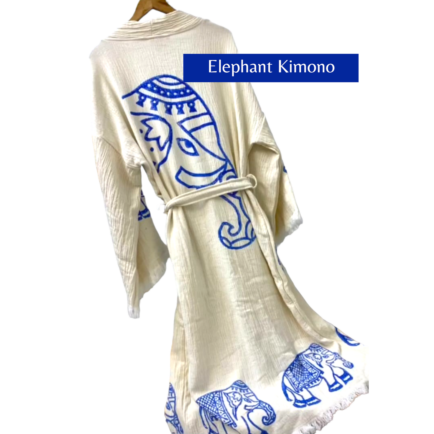 Hand-Made Block Print Turkish Towel Elephant Design Kimono Robe Kaftan