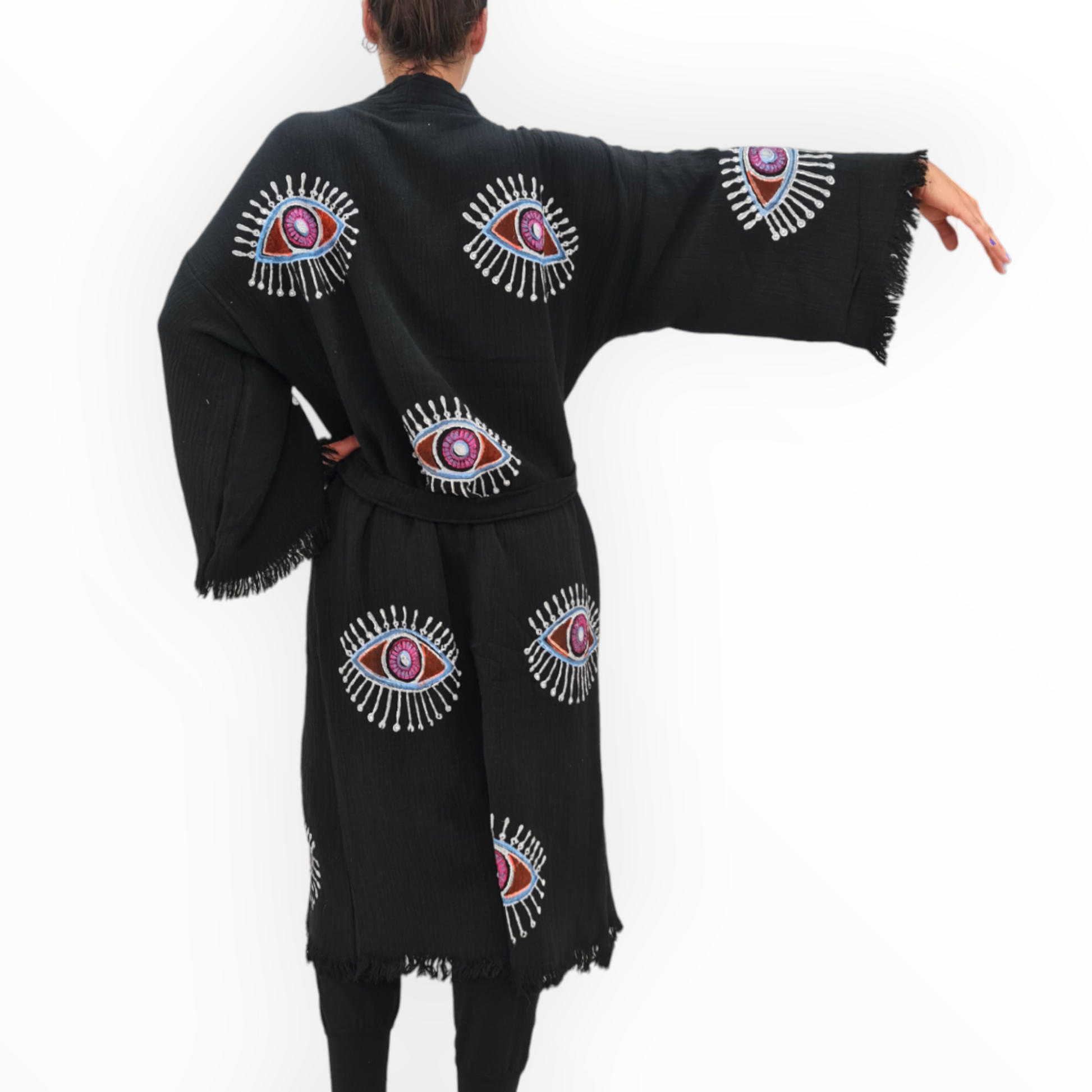 Hand-Made Block Print Evil Eye Black Kimono Robe Kaftan Dervis Natural Textile Hand-Made Block Print Evil Eye Black Kimono Robe Kaftan Dervis Natural Textile