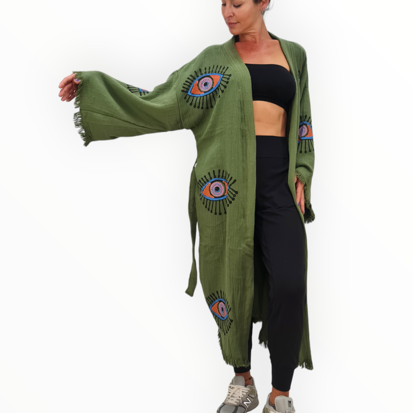 Hand-Made Block Print Evil Eye Olive Kimono Robe Kaftan