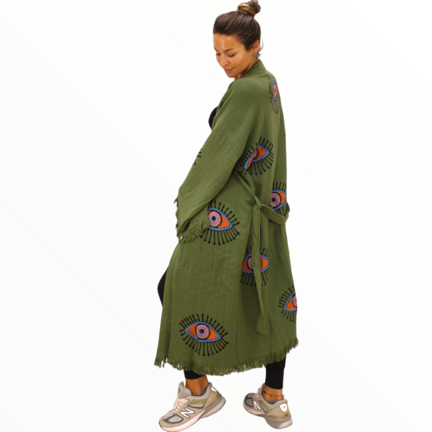 Hand-Made Block Print Evil Eye Olive Kimono Robe Kaftan