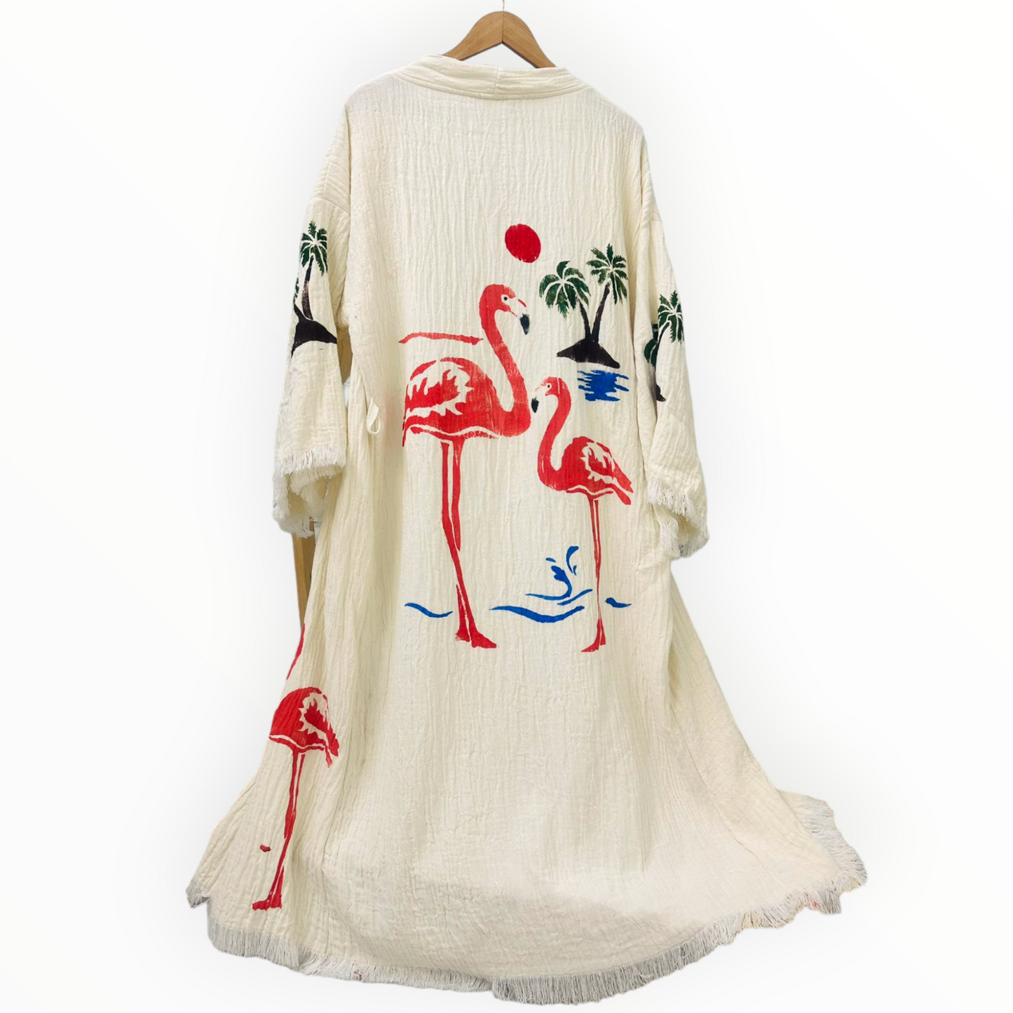 Hand-Made Block Print Flamingo Design Turkish Towel Kimono Robe Kaftan