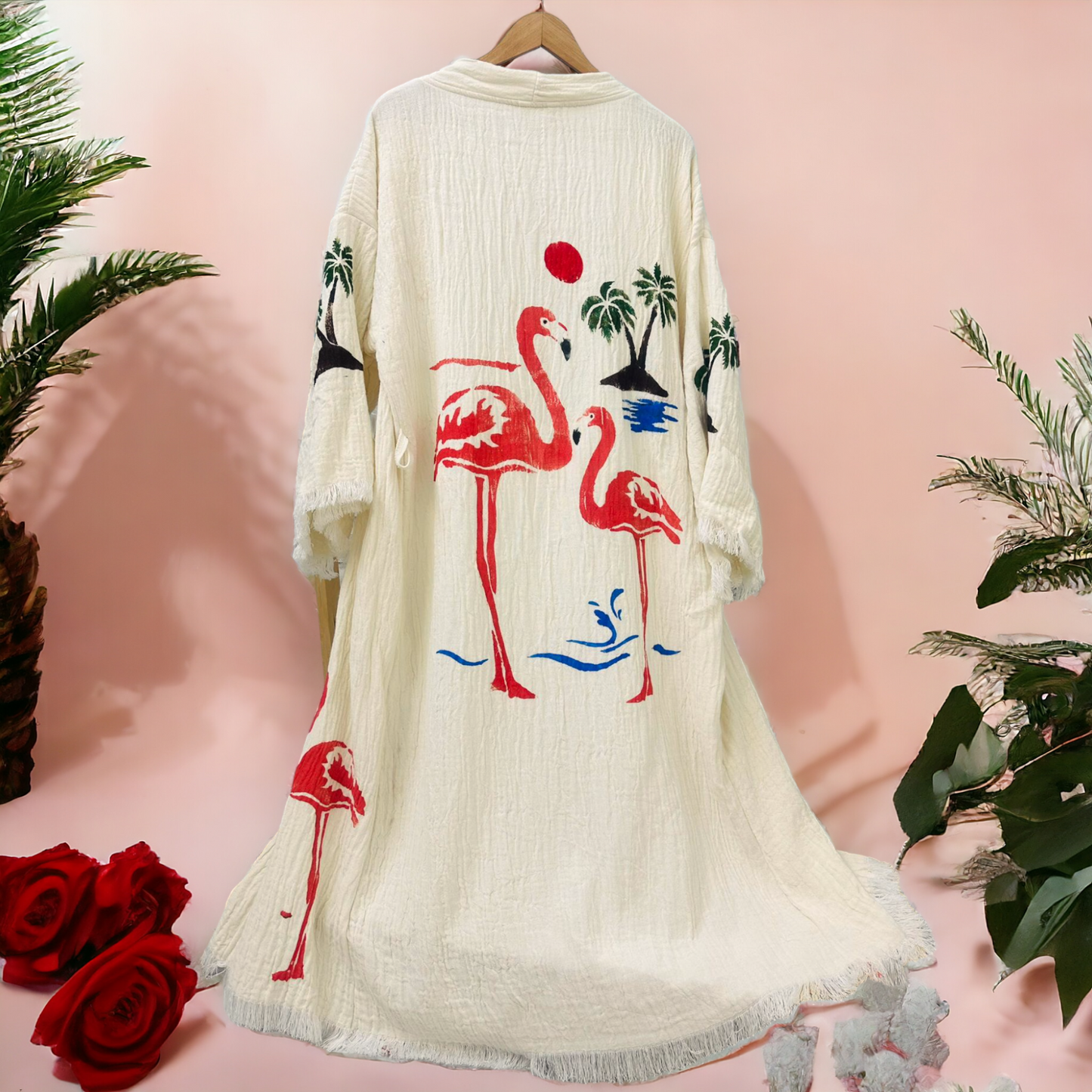 Hand-Made Block Print Flamingo Design Turkish Towel Kimono Robe Kaftan