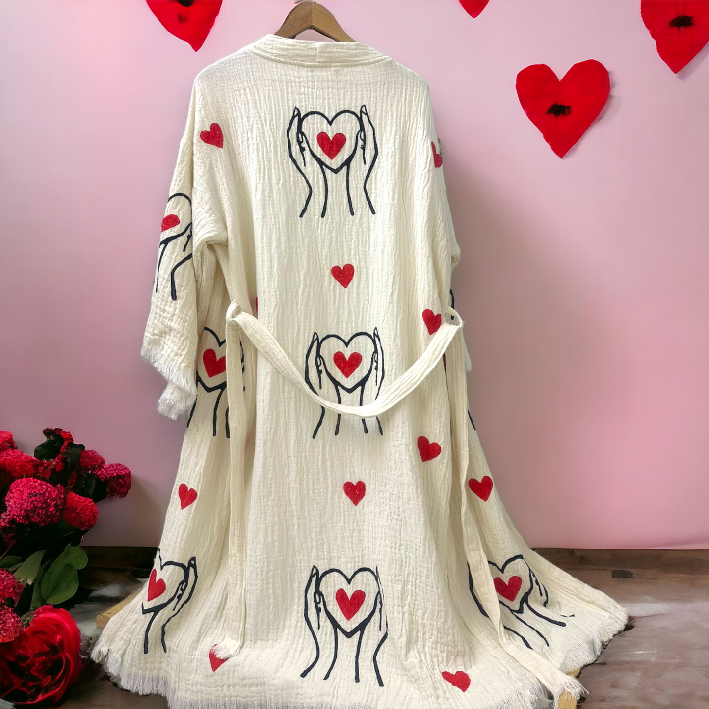 Hand-Made Block Print Love Design Turkish Towel Kimono Robe Kaftan