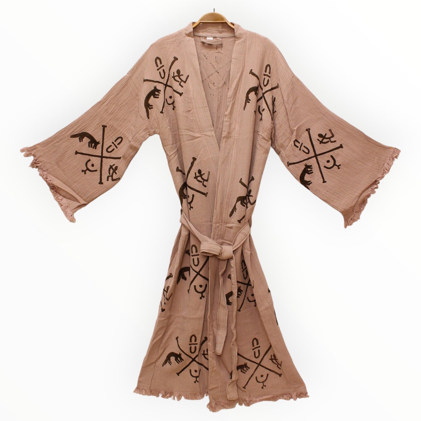 Hand-Made Block Print Unisex Göbeklitepe Design Turkish Towel Kimono Robe Kaftan