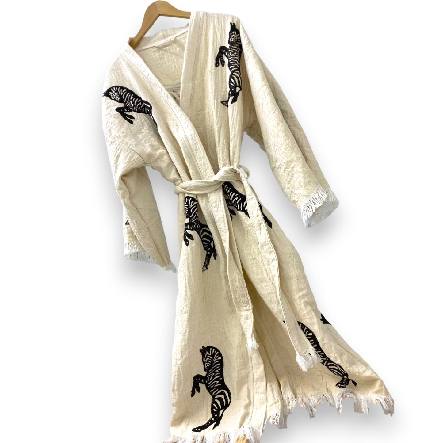 Hand-Made Block Print Turkish Towel Zebra Design Kimono Robe Kaftan