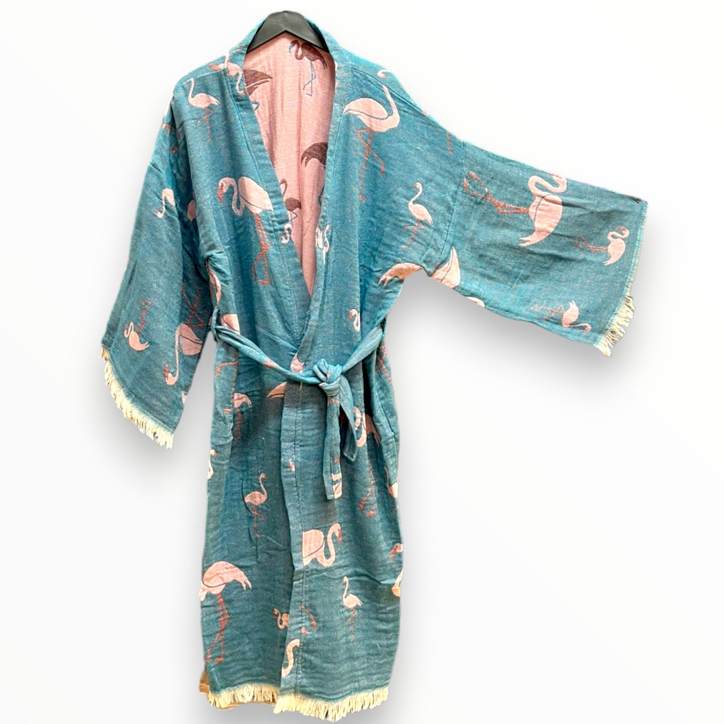 Hand-Woven Hand-Made Natural Cotton Turkish Towel Kimono Kaftan Flamingo Design