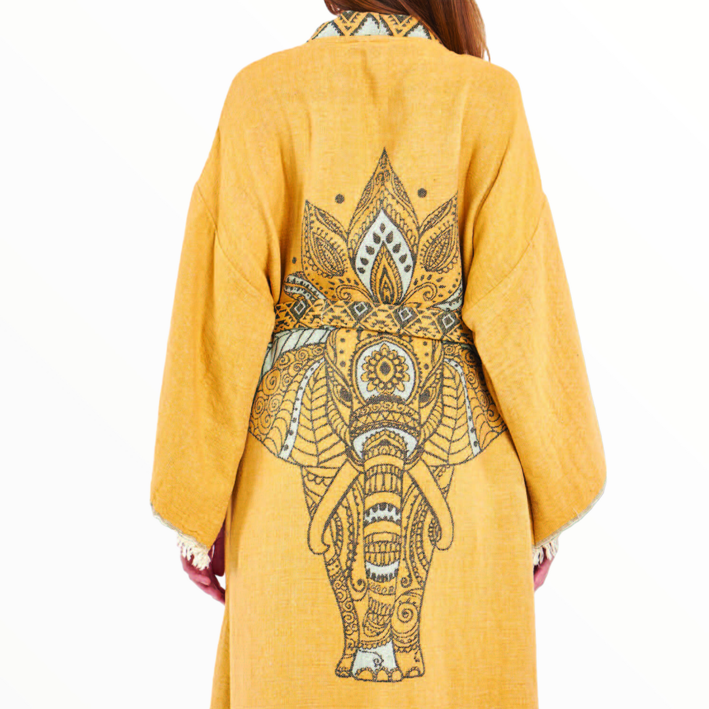 Hand-Woven Hand-Made Natural Cotton Turkish Towel Kimono Kaftan with an Elephant Design