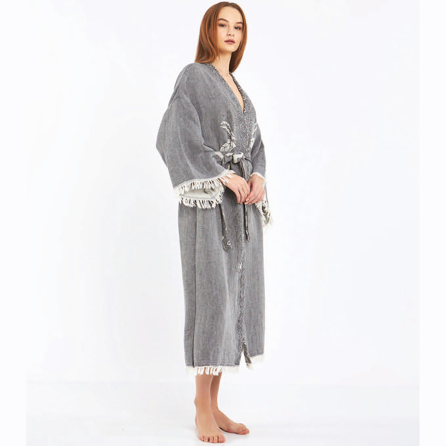 Hand-Woven Hand-Made Natural Cotton Turkish Towel Kimono Kaftan with an Elephant Design