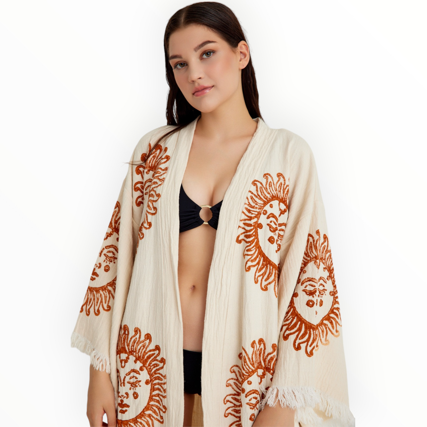 Hand-Woven Natural Cotton Brown Sun Pattern Turkish Towel Kimono