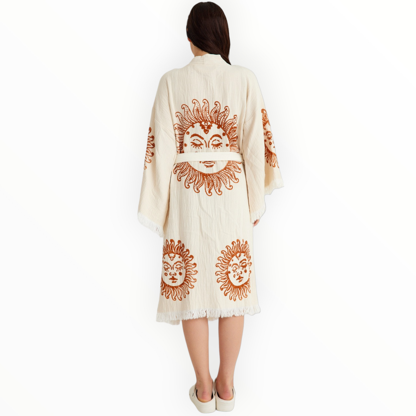 Hand-Woven Natural Cotton Brown Sun Pattern Turkish Towel Kimono