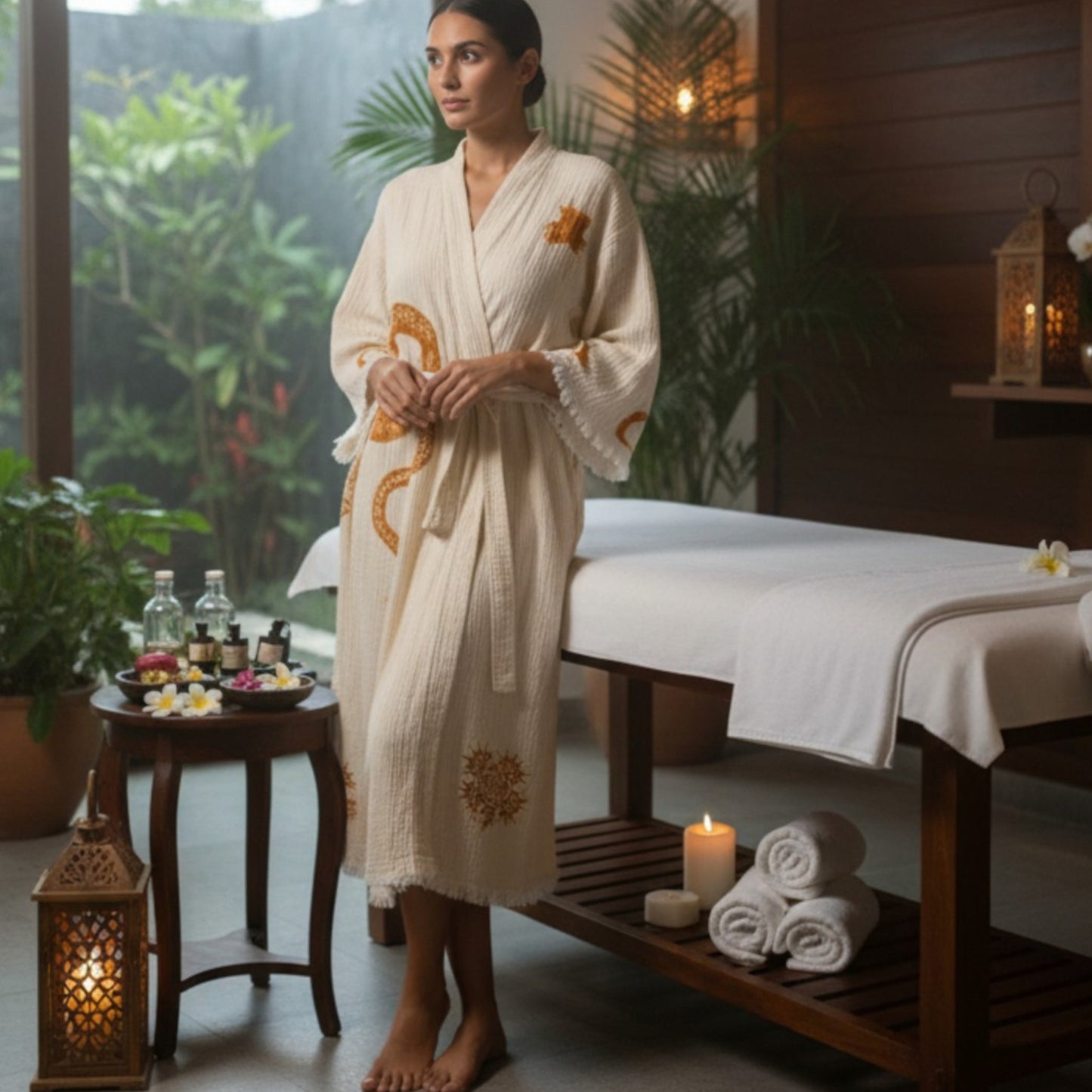 Woman in a Hand-woven natural cotton muslin kimono robe standing in a spa setting with a massage table and candles.