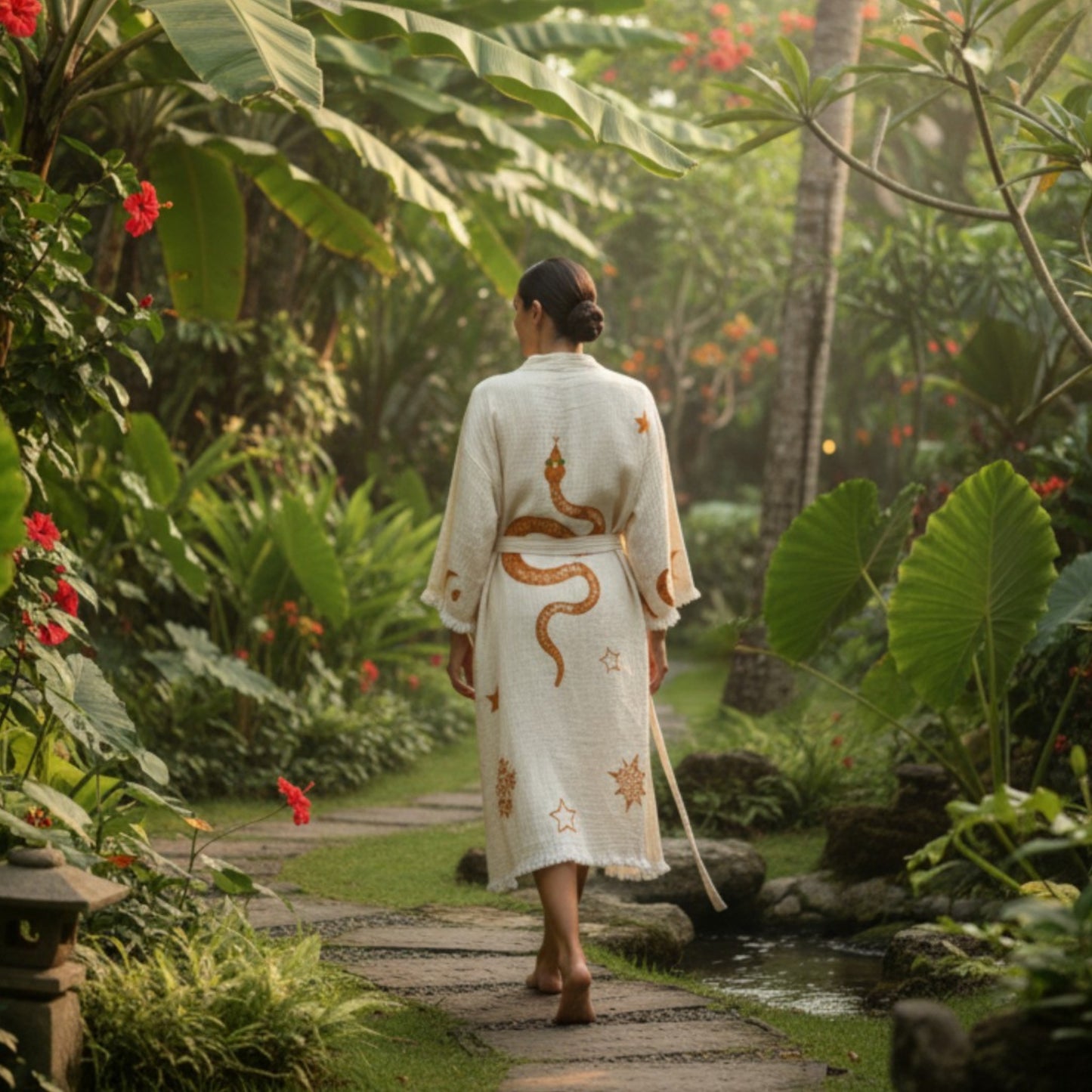 Person in a Hand-woven natural cotton muslin kimono robe walking through a lush tropical garden.