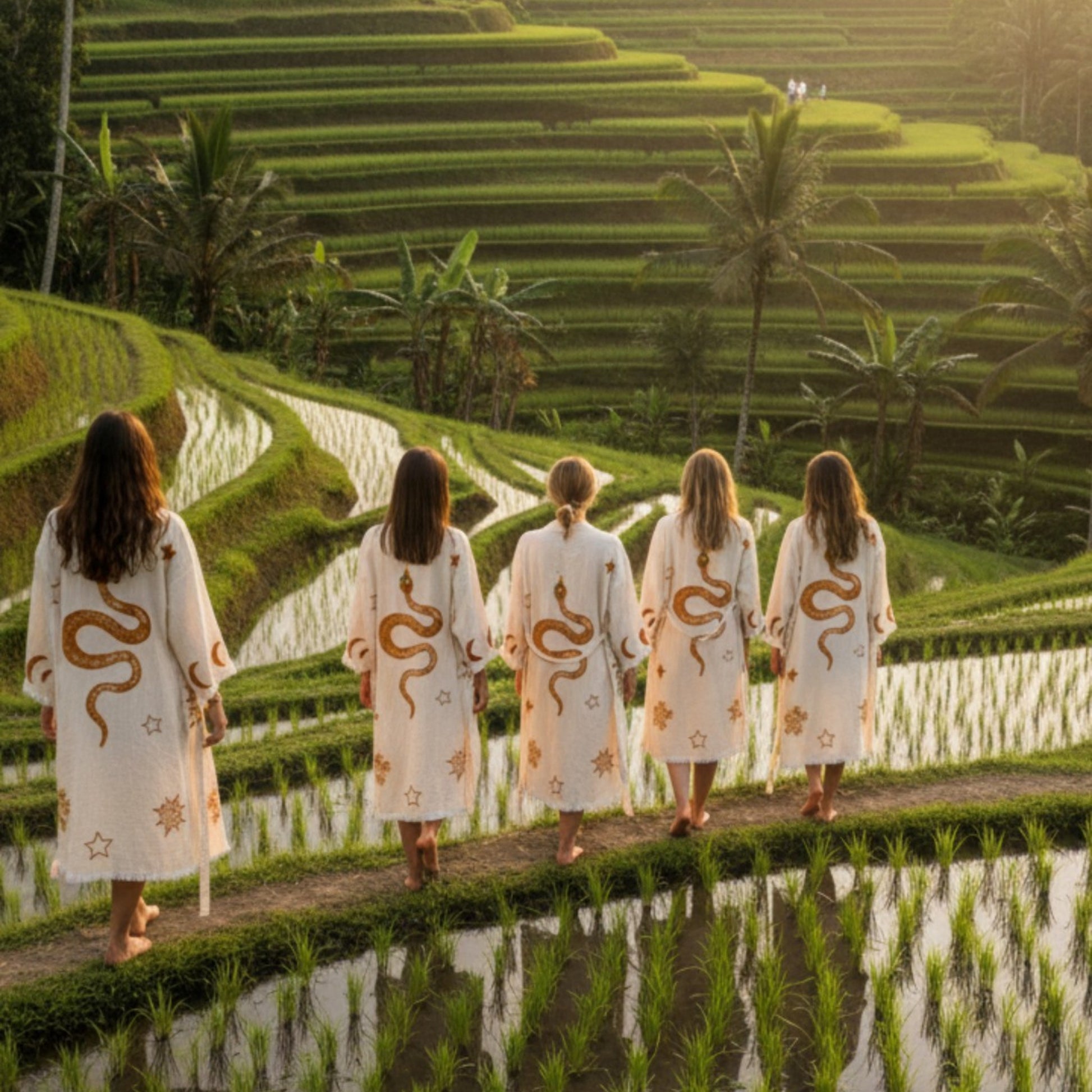 Five women in white robes with snake designs walking along a path in a rice paddy with terraced fields in the background.