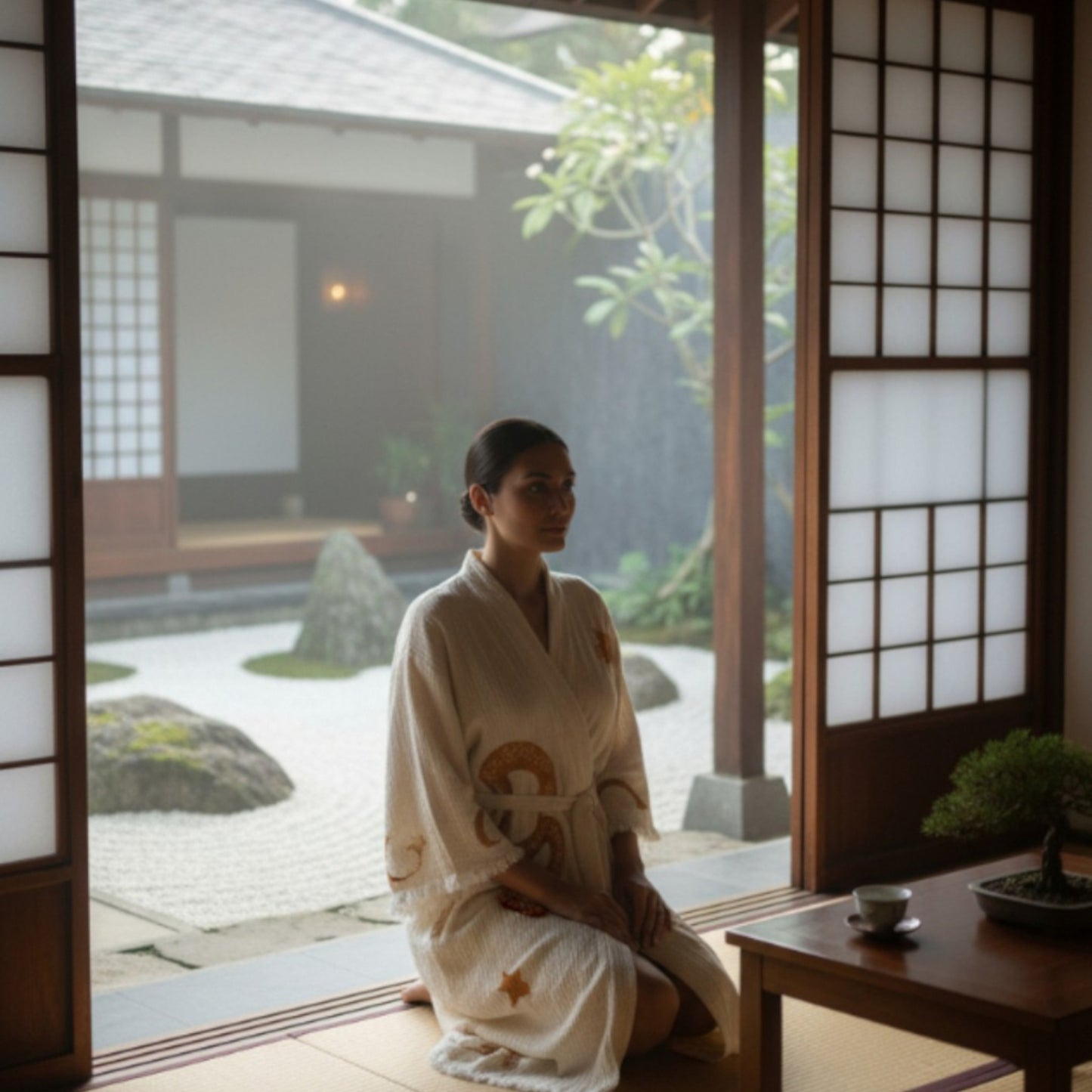 Woman in a traditional Japanese kimono sitting in a room with a view of a garden.