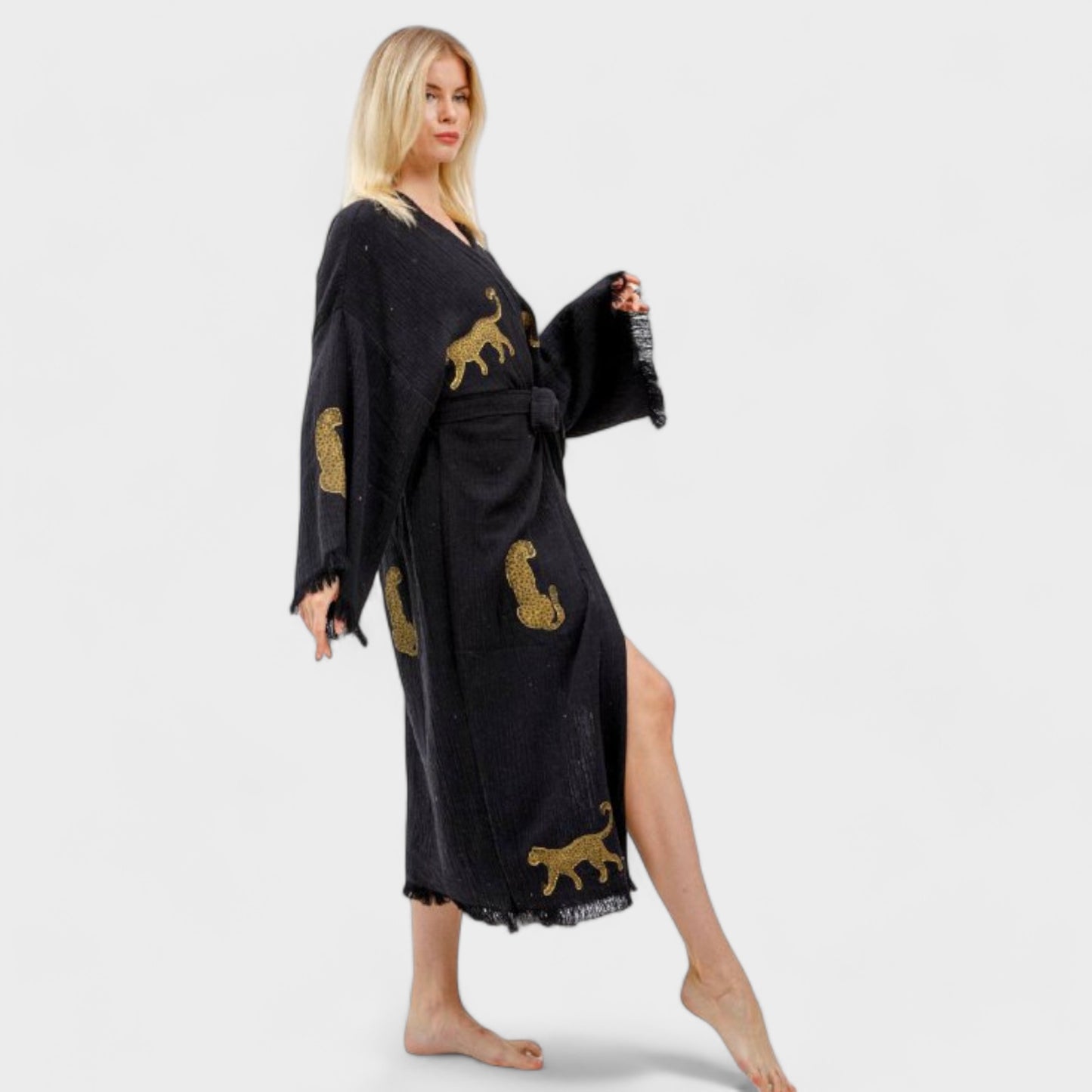 Hand-Woven Natural Turkish Cotton Black Leopard Design Kimono Robe