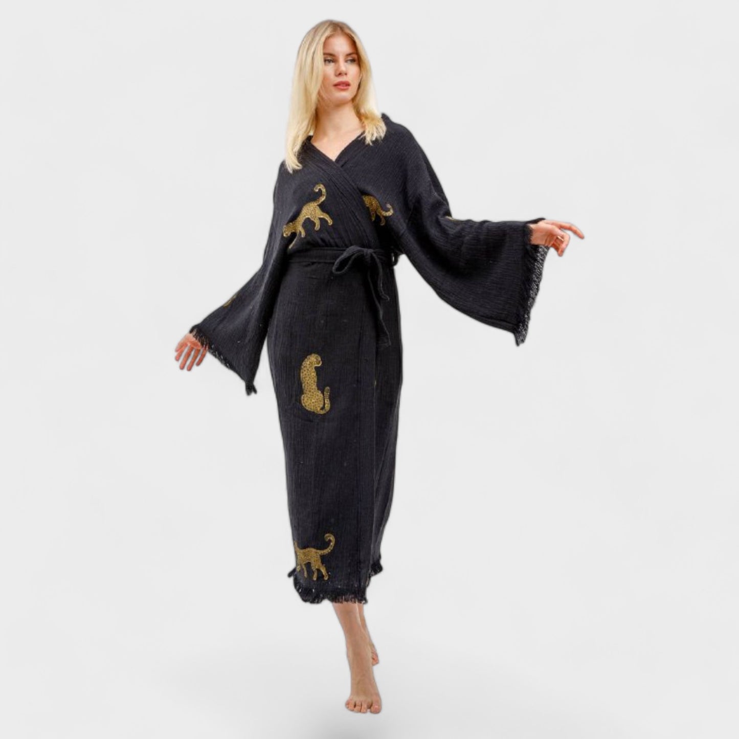 Hand-Woven Natural Turkish Cotton Black Leopard Design Kimono Robe