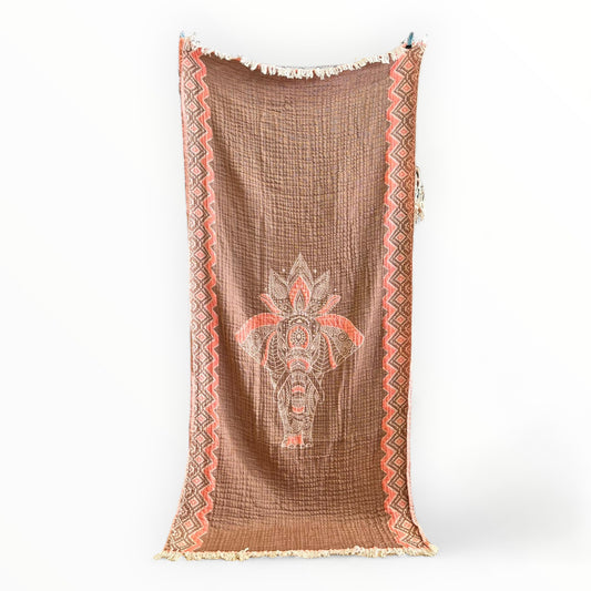 Hand-Woven Three Layers Natural Cotton Turkish Towel Pestemal with Elephant Design