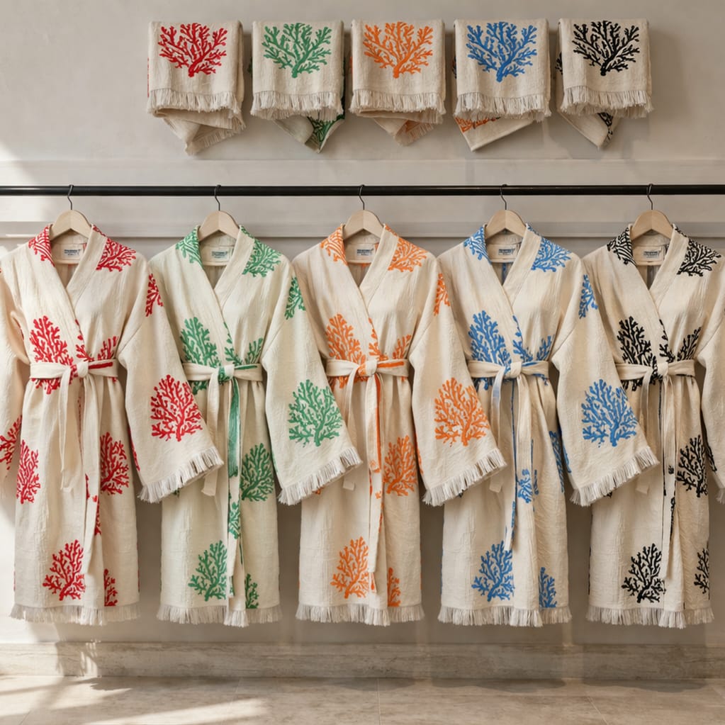 Set of robes with coral tree patterns on a rack.